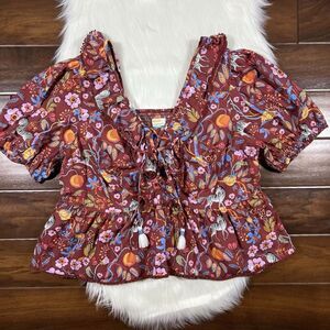 Anthro Maeve Women's Size 2X Animal Print Ruffled Tie Front Blouse Top